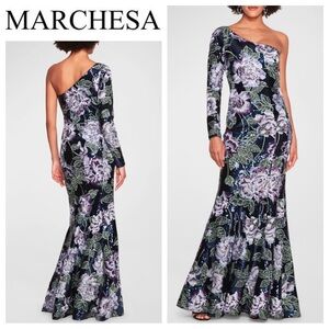 Marchesa One Shoulder Floral Embroidered Sequin Gown